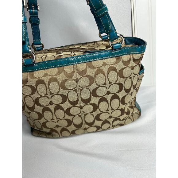 Coach Signature Pleated East West Gallery Shoulder Bag, Green and Tan - Picture 14 of 16